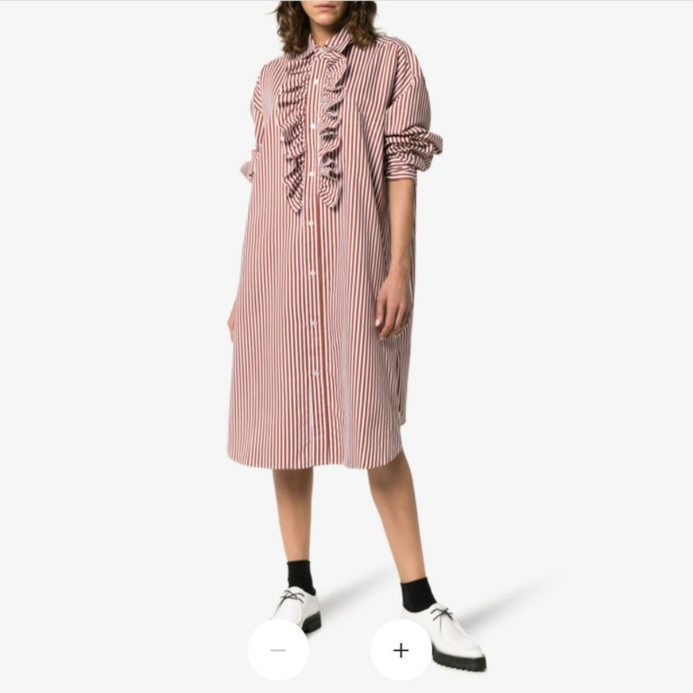 Plan C Red & White Striped Ruffle Front Shirtdress